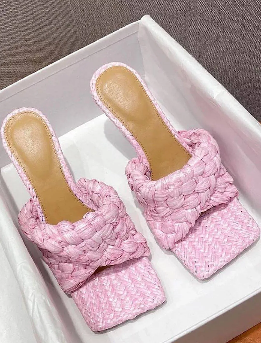 woven straw high heeled mules for sale