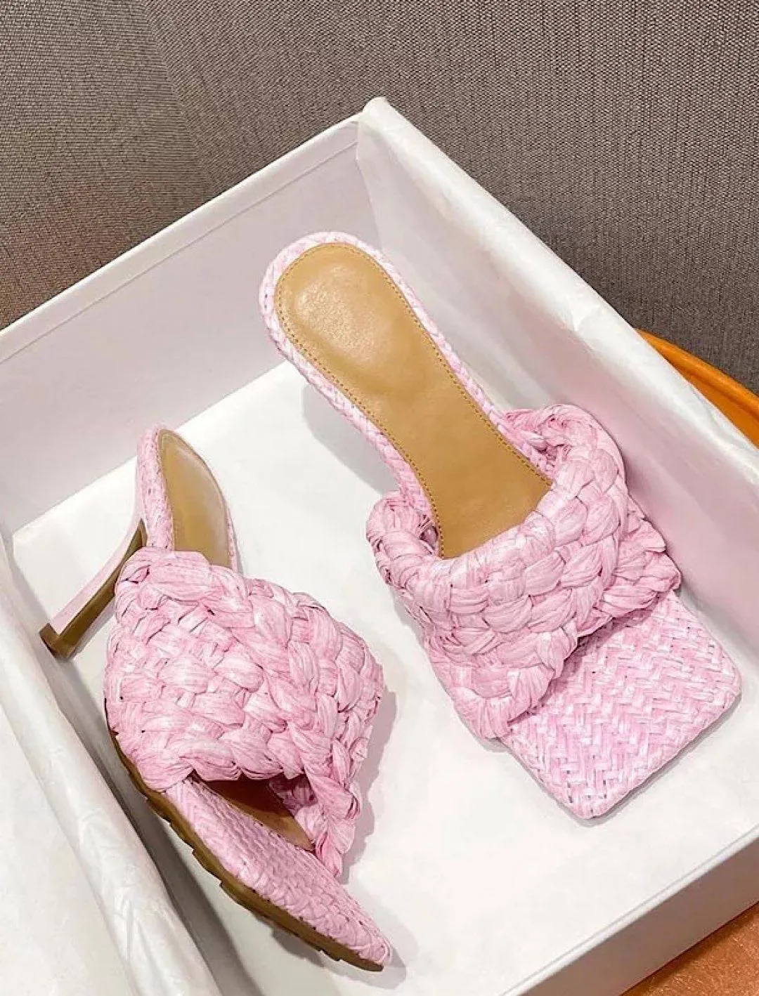 woven straw high heeled mules for sale