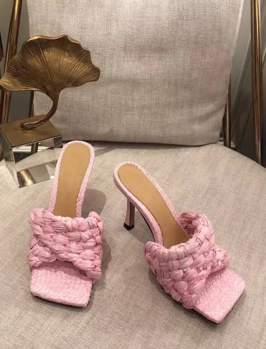 woven straw high heeled mules for sale